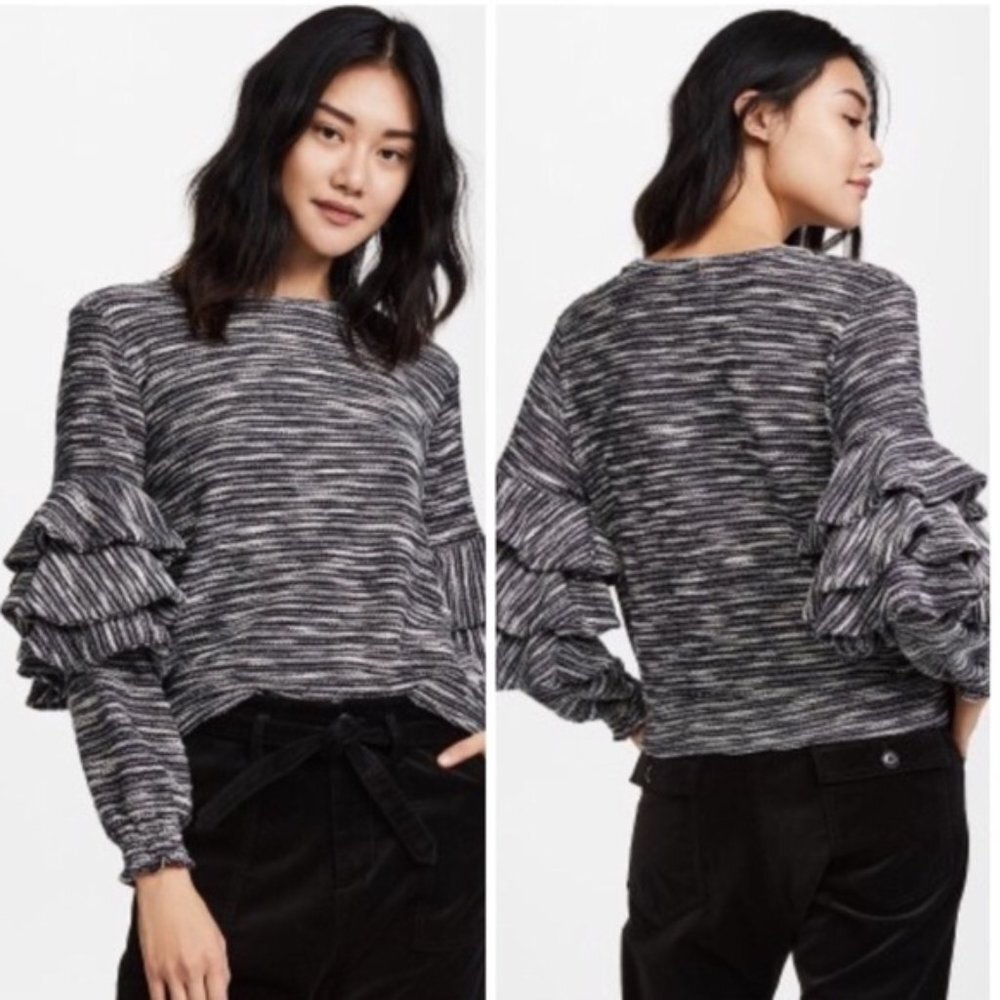 MISA Tanina‎ Ruffle Sleeve Knit Sweater Navy/White XS